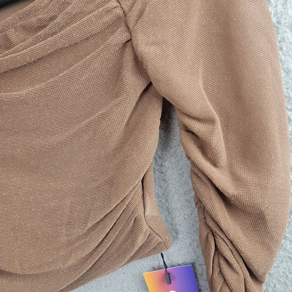 Cropped Mesh Top Long Ruched Bell Sleeves Brown Metallic Shimmer Korean Small - Picture 11 of 12